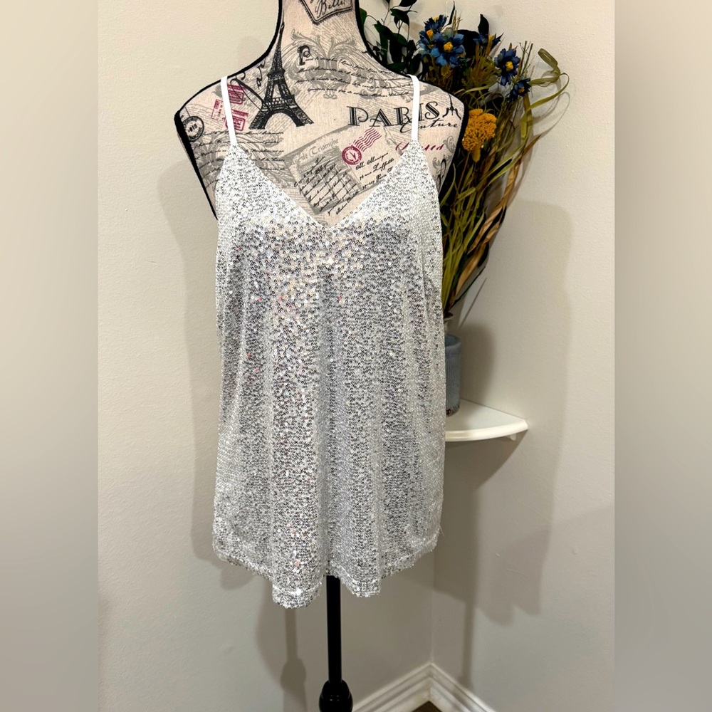 Silver Sequin & White Cami with Adjustable Straps Lined Women's Top Size Medium
